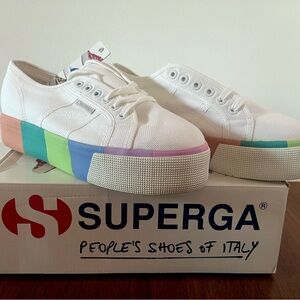 Superga White/Rainbow Platform Sneakers